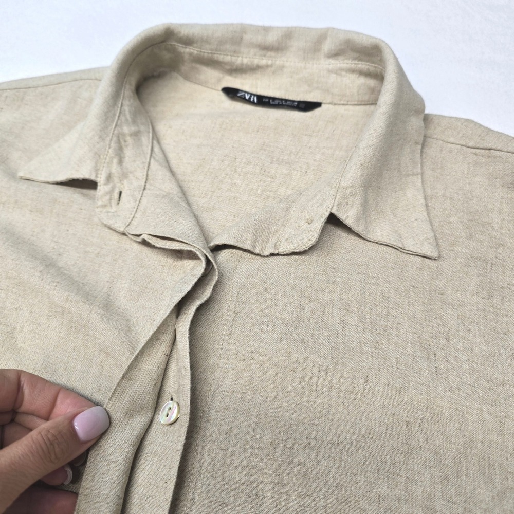 ZARA Linen Blend Short Sleeve Button Up Shirt Beige Cream Womens Small L Utility - Picture 4 of 15